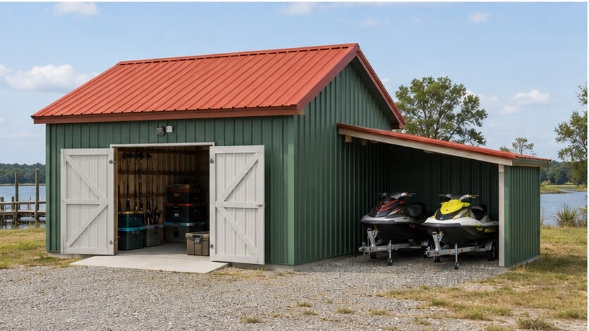 Lakeside prefab metal building in green with red roof, gear storage, and jet ski shelter