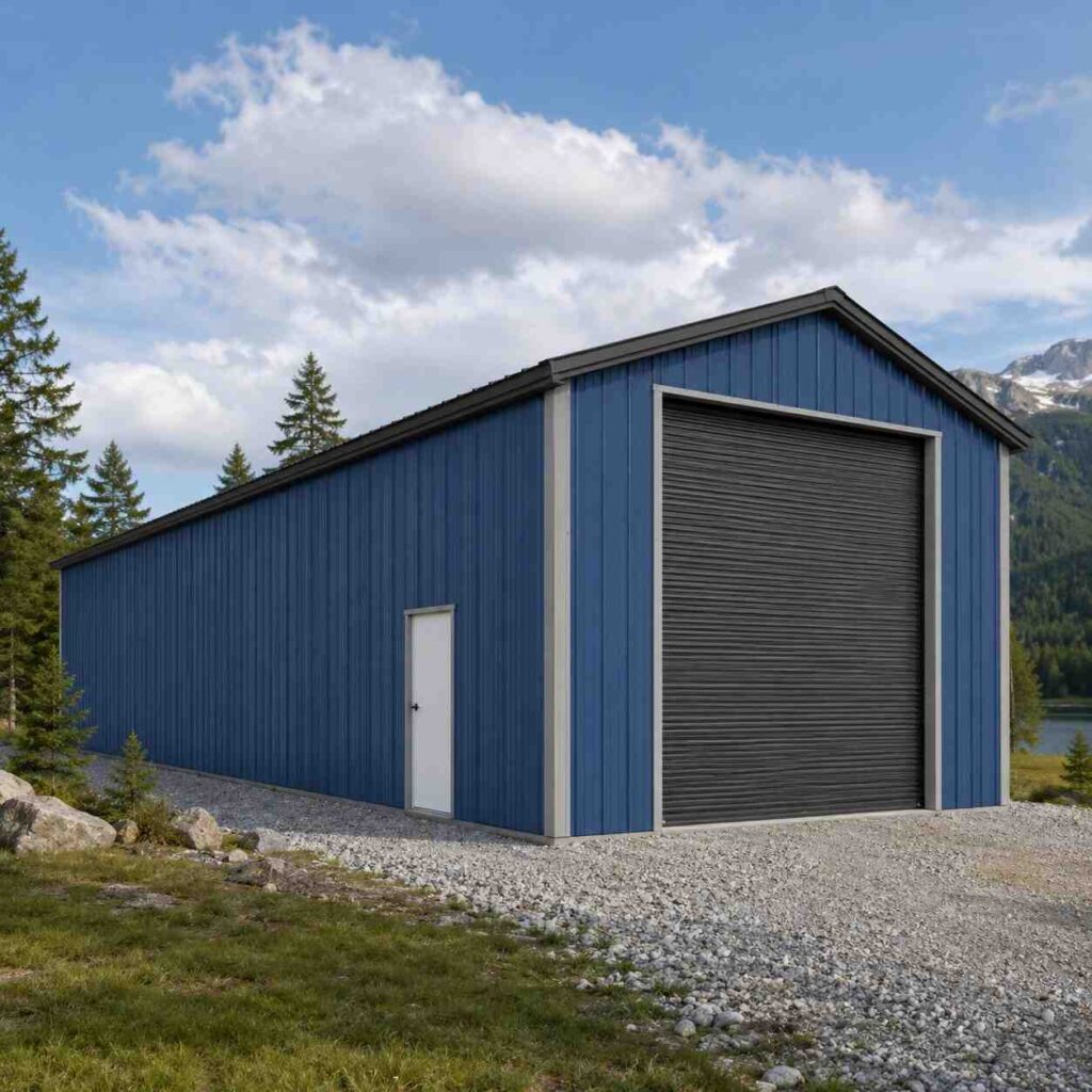 Long blue prefab metal building with tall roll-up door and white trim near a mountain lake