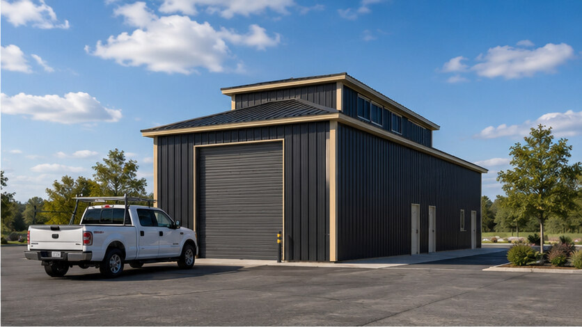 Matte graphite prefab metal building with monitor roof and white pickup truck at the bay