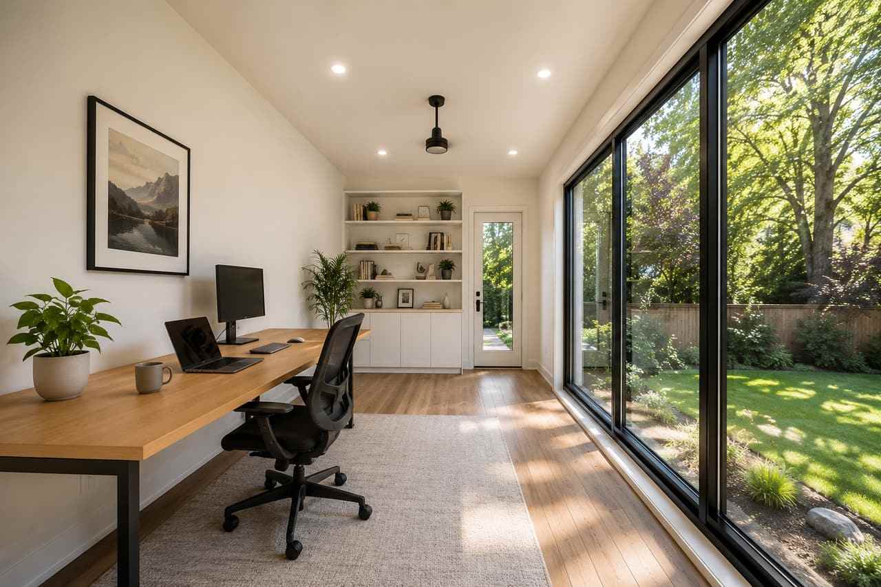 14x24 charcoal home office studio at sunset with warm interior glow and autumn trees