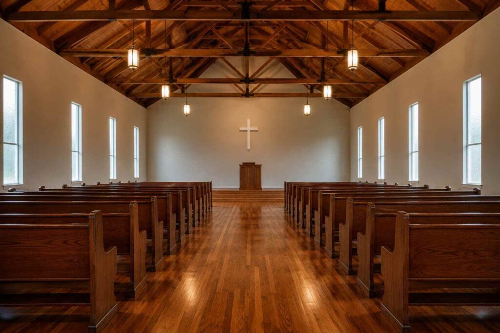 Sanctuary interior of a prefab metal building with timber trusses, wood pews, and cross