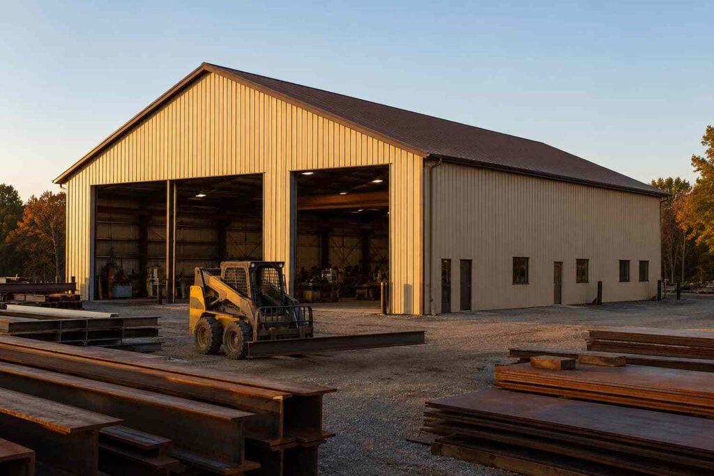 Tan prefab metal building fabrication shop at sunset with skid steer and steel stock