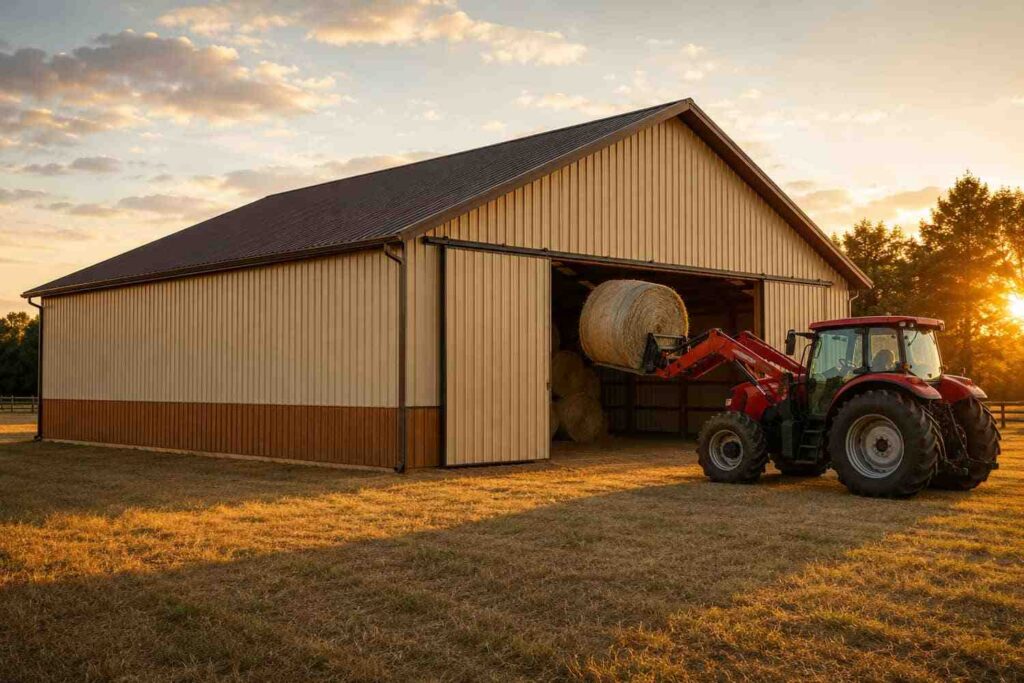 Tan prefab metal building hay barn at sunset with red tractor loading round bale