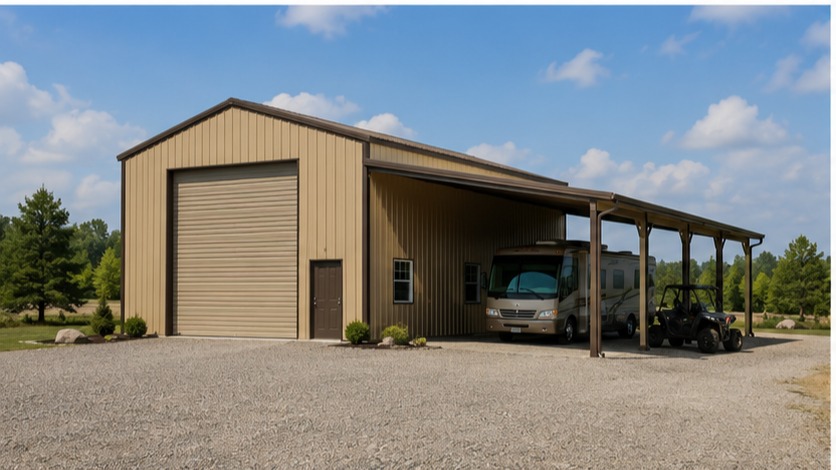 Tan prefab metal building with brown trim and lean-to carport covering motorhome and UTV