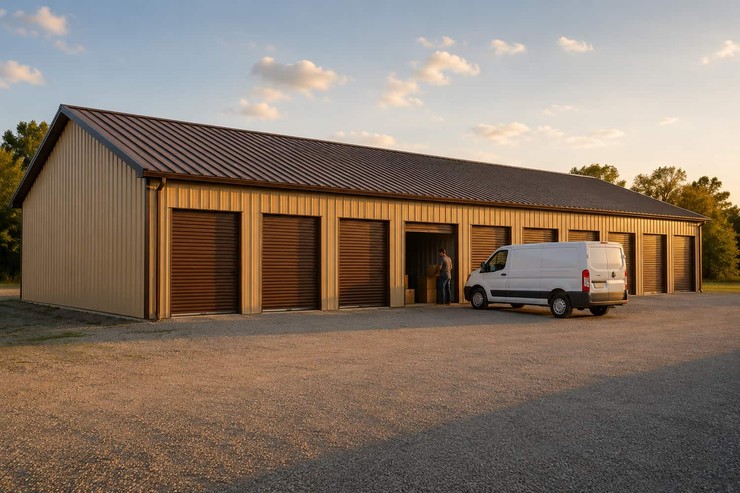 Tan prefab metal building storage units at sunset with cargo van and open door