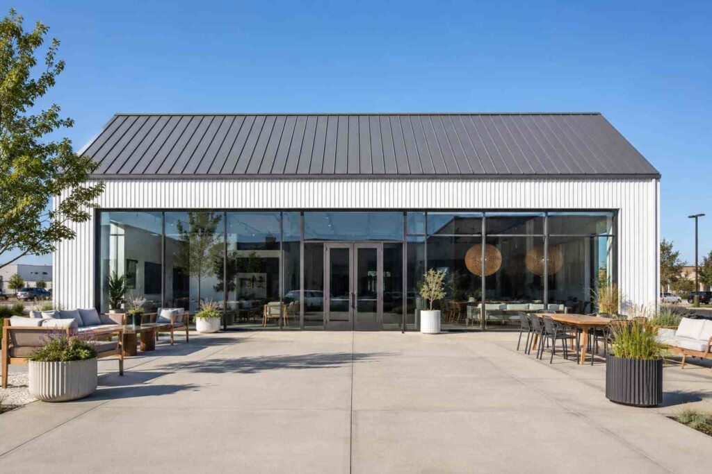 White prefab metal building furniture showroom with glass walls and patio seating displays outside