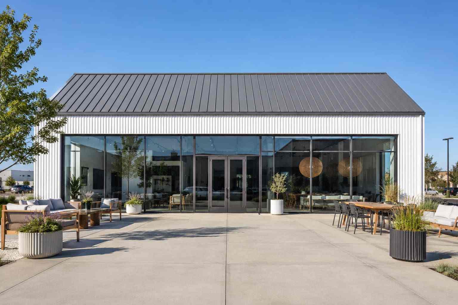 White prefab metal building furniture showroom with glass walls and patio seating displays outside