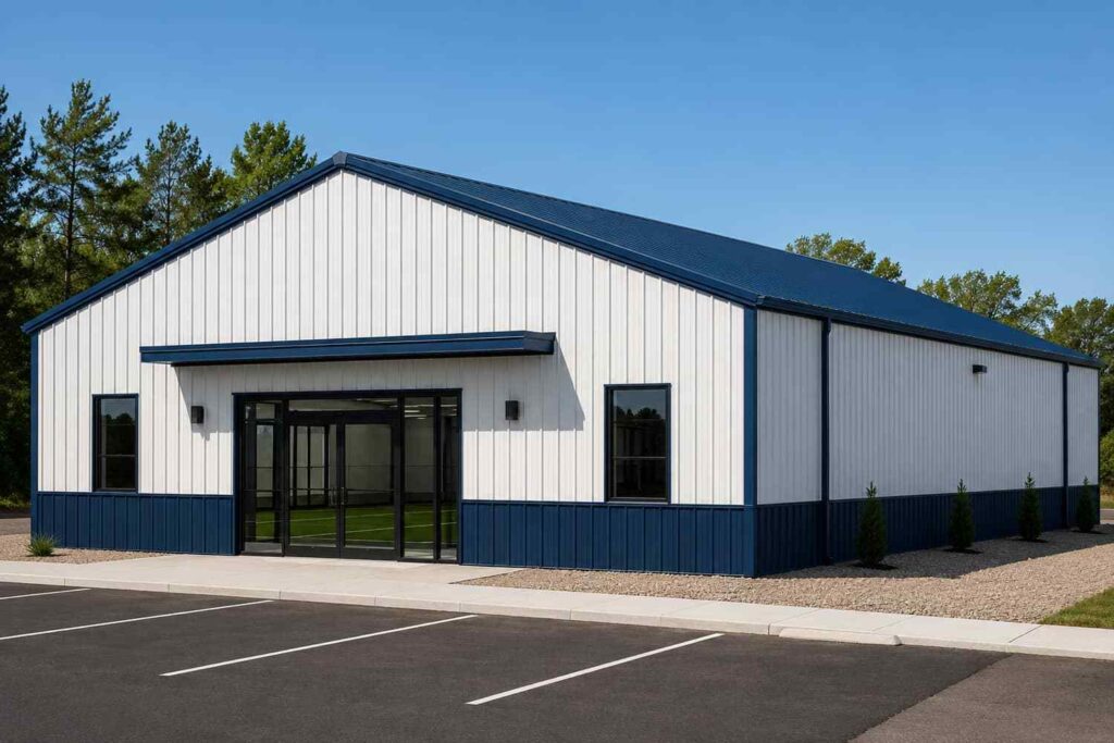 White prefab metal building gym with navy roof, wainscot, and indoor turf entry