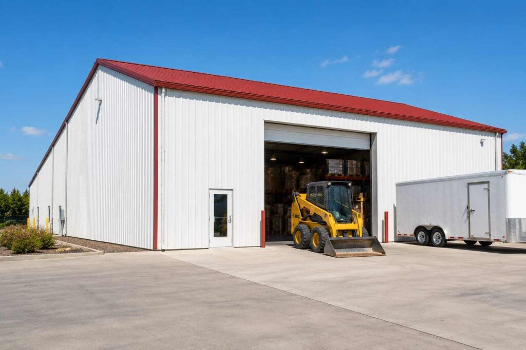 White prefab metal building warehouse with red roof, skid steer loader, and enclosed cargo trailer