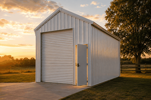 White prefab metal building with tall roll-up door glowing at sunset beside a pasture