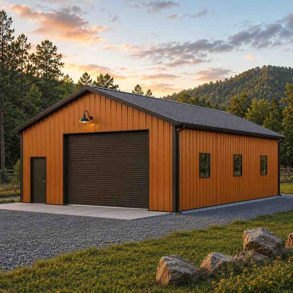 Pumpkin orange metal workshop with dark roll-up door and gooseneck light in wooded hills