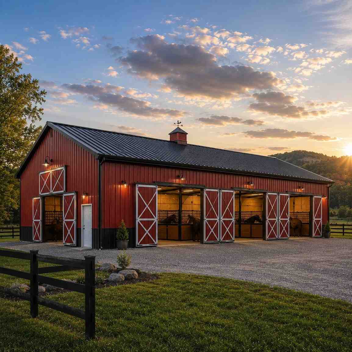 Red metal building kit with monitor roof, vent stacks, windows, and white roll up door
