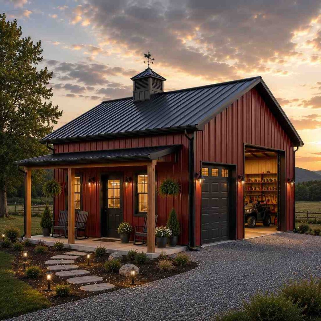 Red metal barn style home with covered porch, cupola and lit garage bay at sunset