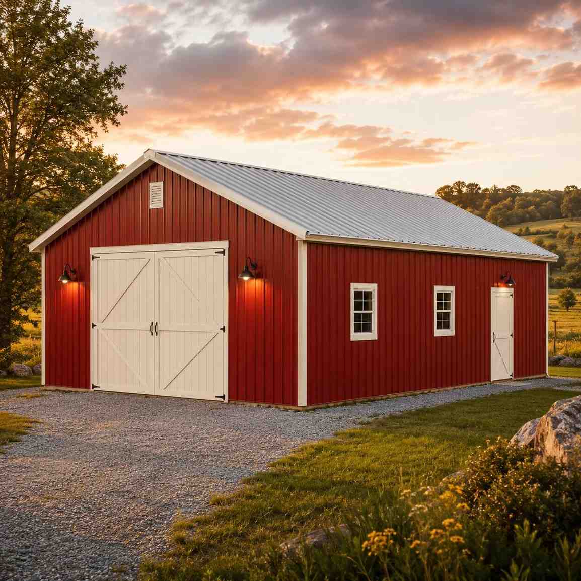 Red metal barn with white crossbuck double doors and galvanized roof at sunset on a farm