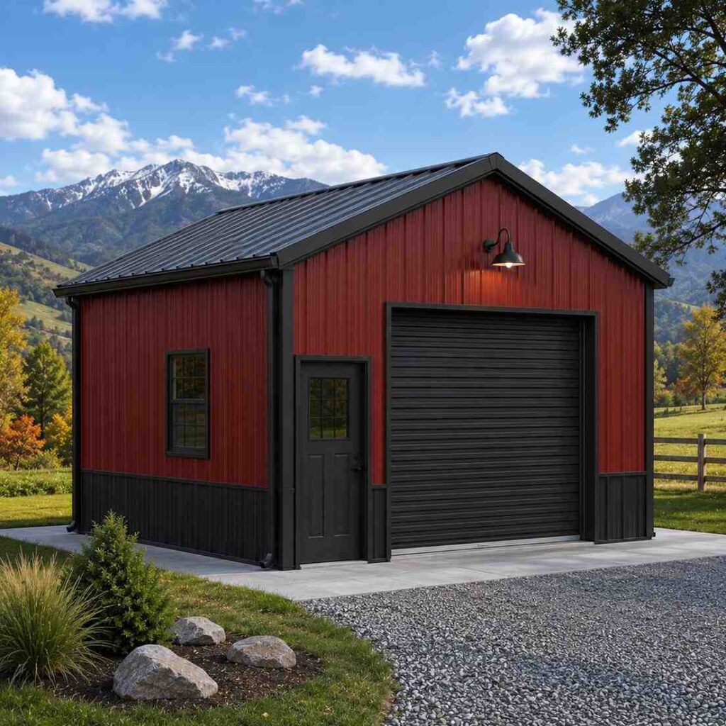 Red metal building kit with black trim, wainscoting, and roll-up door near mountains