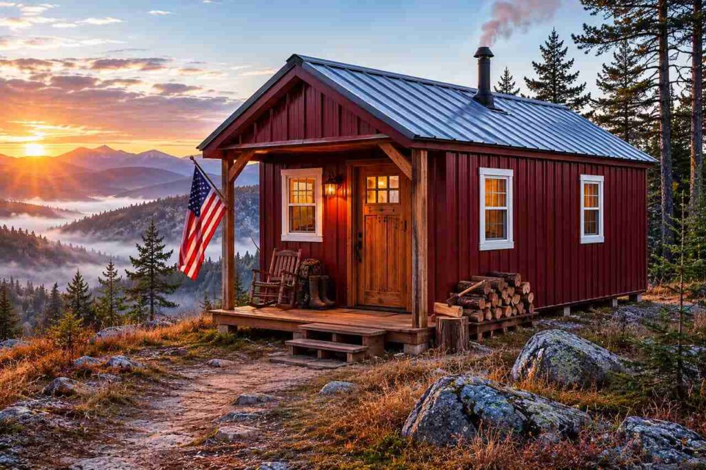 Red metal building kit cabin with porch and American flag overlooking a mountain sunrise