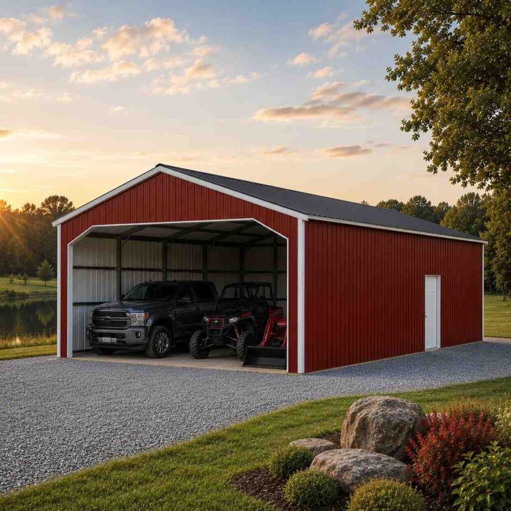 Open front red metal building, a sturdy steel structure sheltering a truck and UTV at sunset