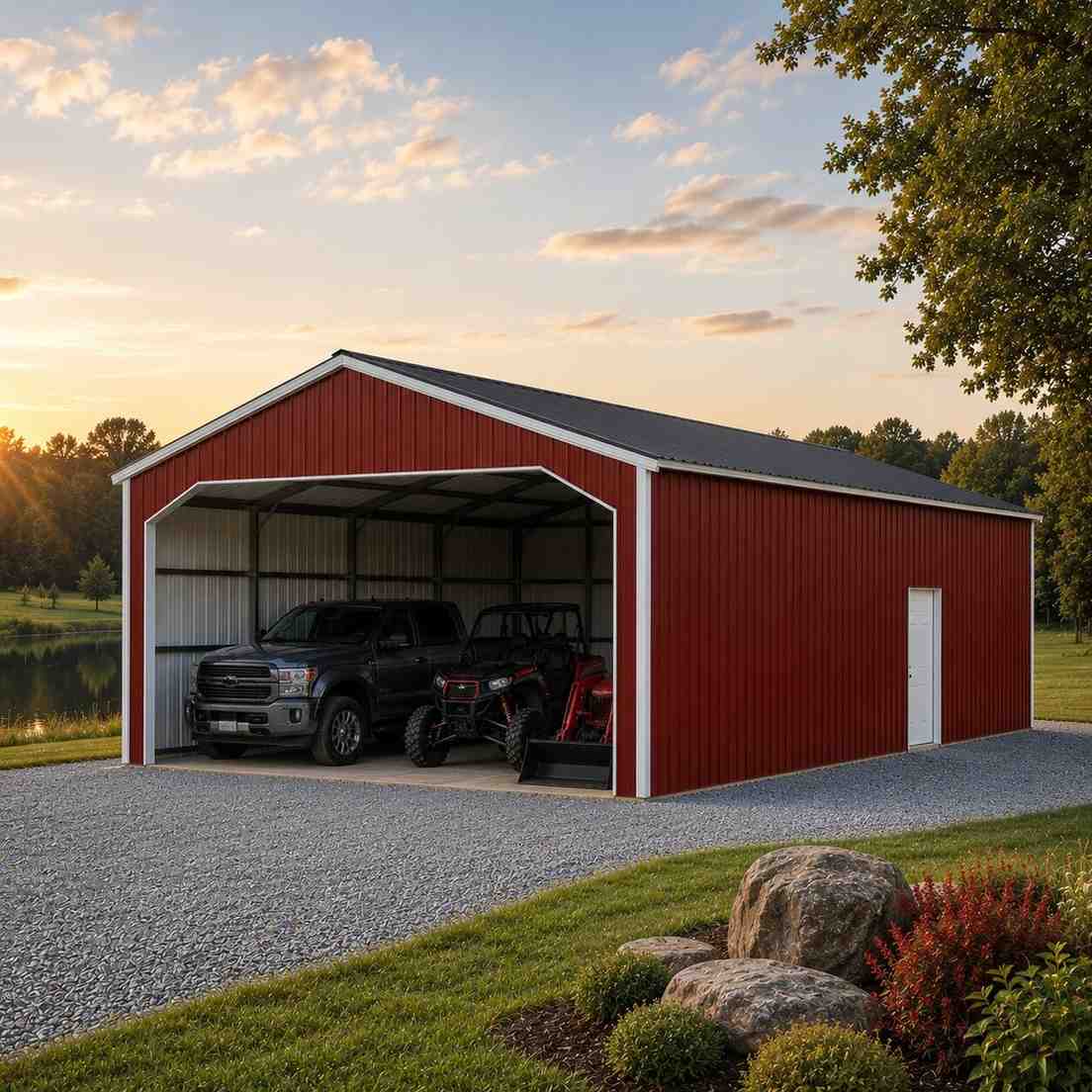 Charcoal steel carport with enclosed sides sheltering a pickup and UTV under evening sky