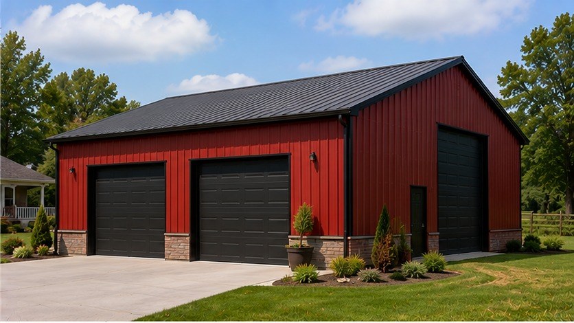 Red metal garage with black sectional doors, stone wainscot, and tall side equipment bay