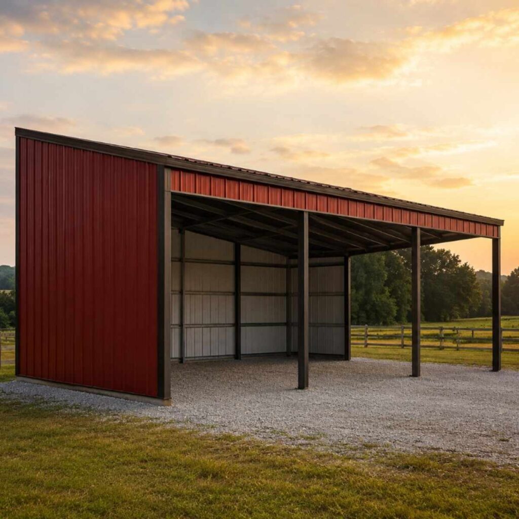Red metal shed with single-slope roof and open side bays on a fenced pasture at sunset