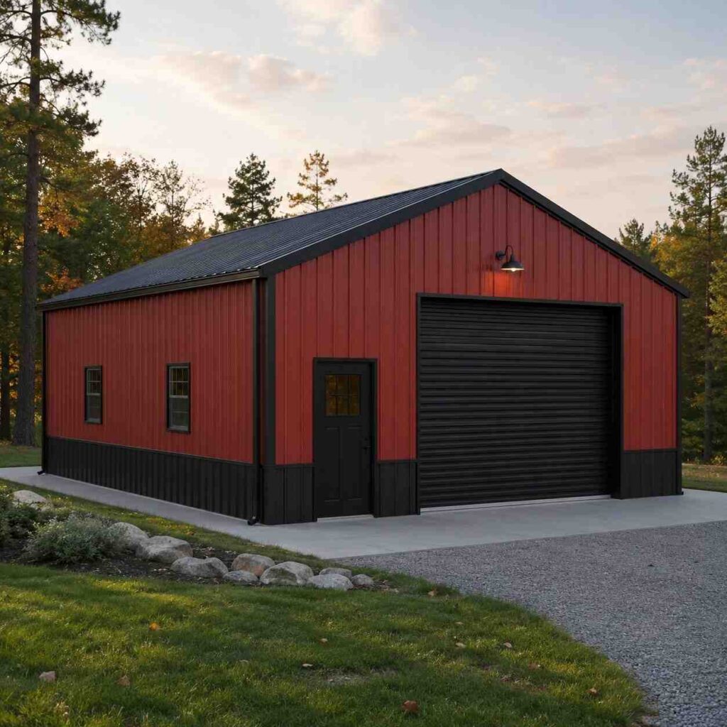 Red metal workshop with black trim, roll-up door and gooseneck light in evening glow