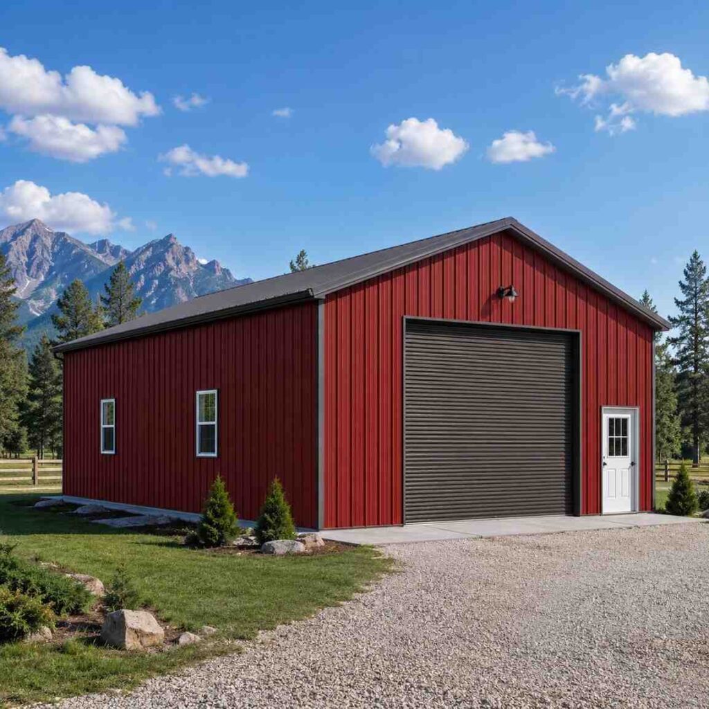Red metal workshop with brown roll-up door and white entry door among mountain pines