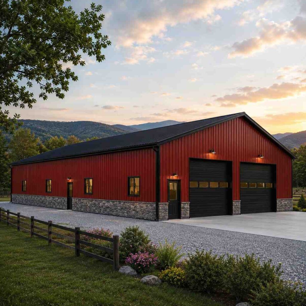 Red metal workshop with two black bay doors and stone wainscot against mountain hills