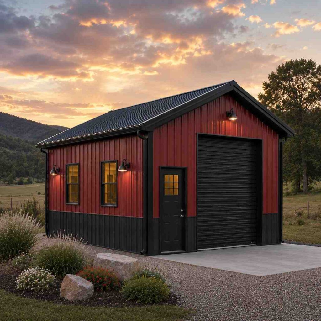 Red steel building with black wainscot, roll-up door and glowing windows at dusk