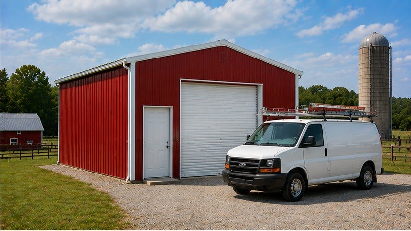 Red steel building farm shop with white roll up door, work van, and grain silo behind