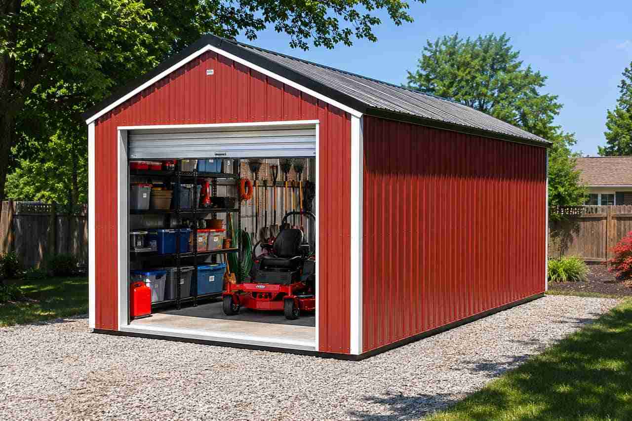 Red steel building storage shed with open roll-up door showing zero turn mower and shelving