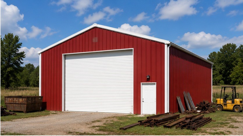 Red steel building with white roll up door, steel beams and forklift in work yard