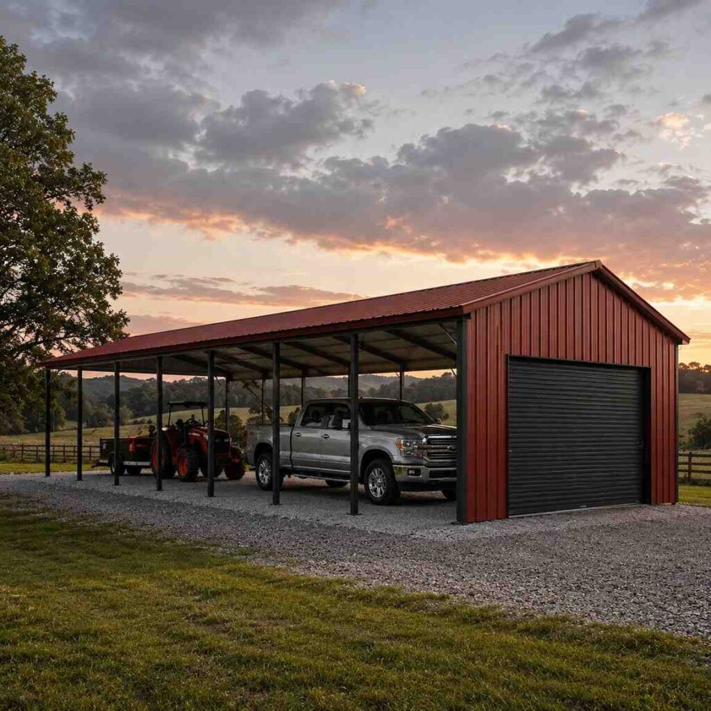 Red steel carport with attached enclosed garage sheltering a tractor and pickup at sunset