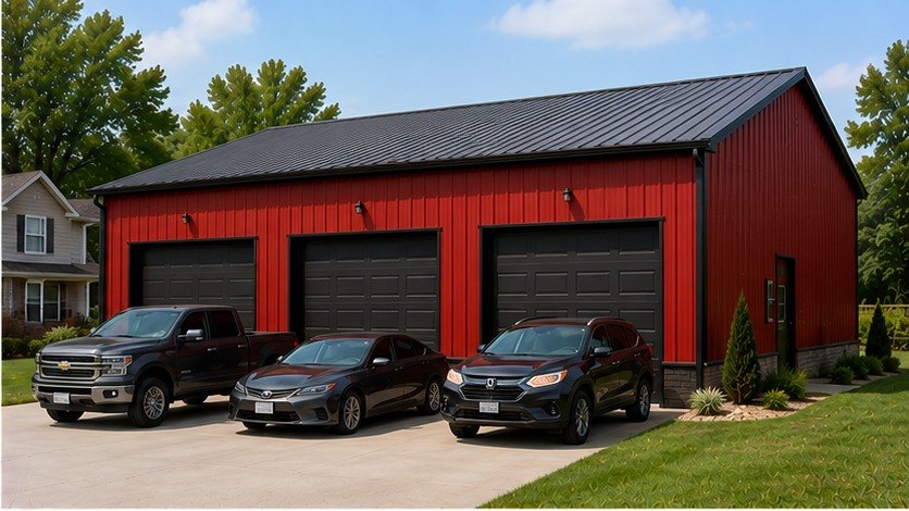 Red steel garage with triple bay black doors and family vehicles parked outside