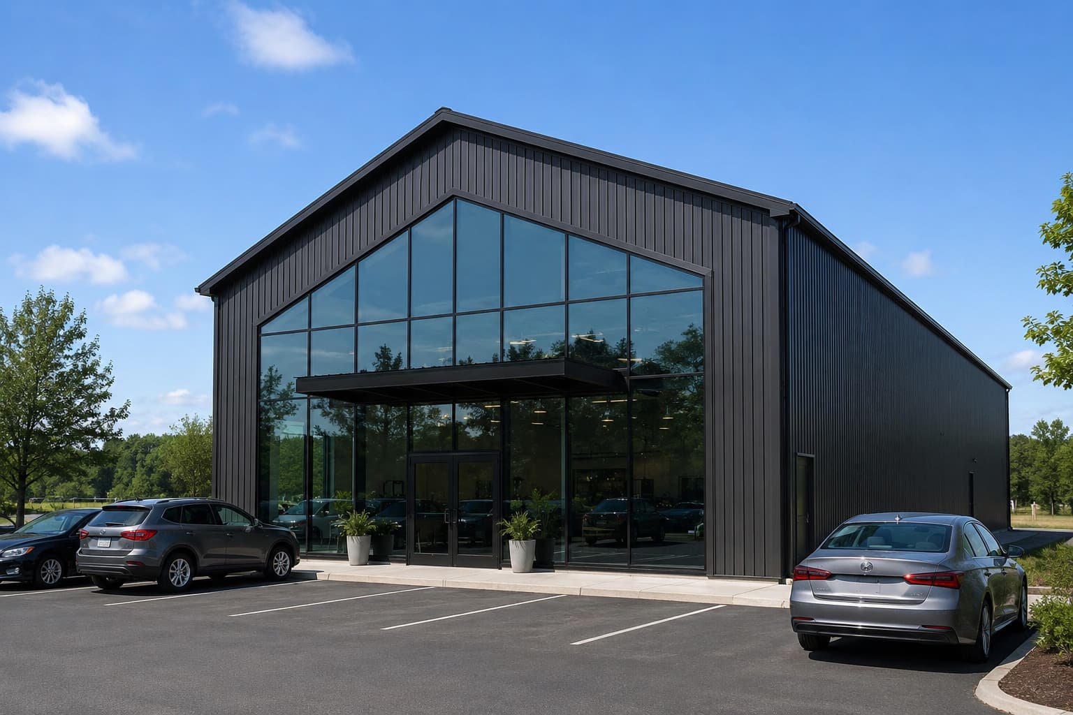50x80 charcoal Steel & Stud retail showroom with glass storefront