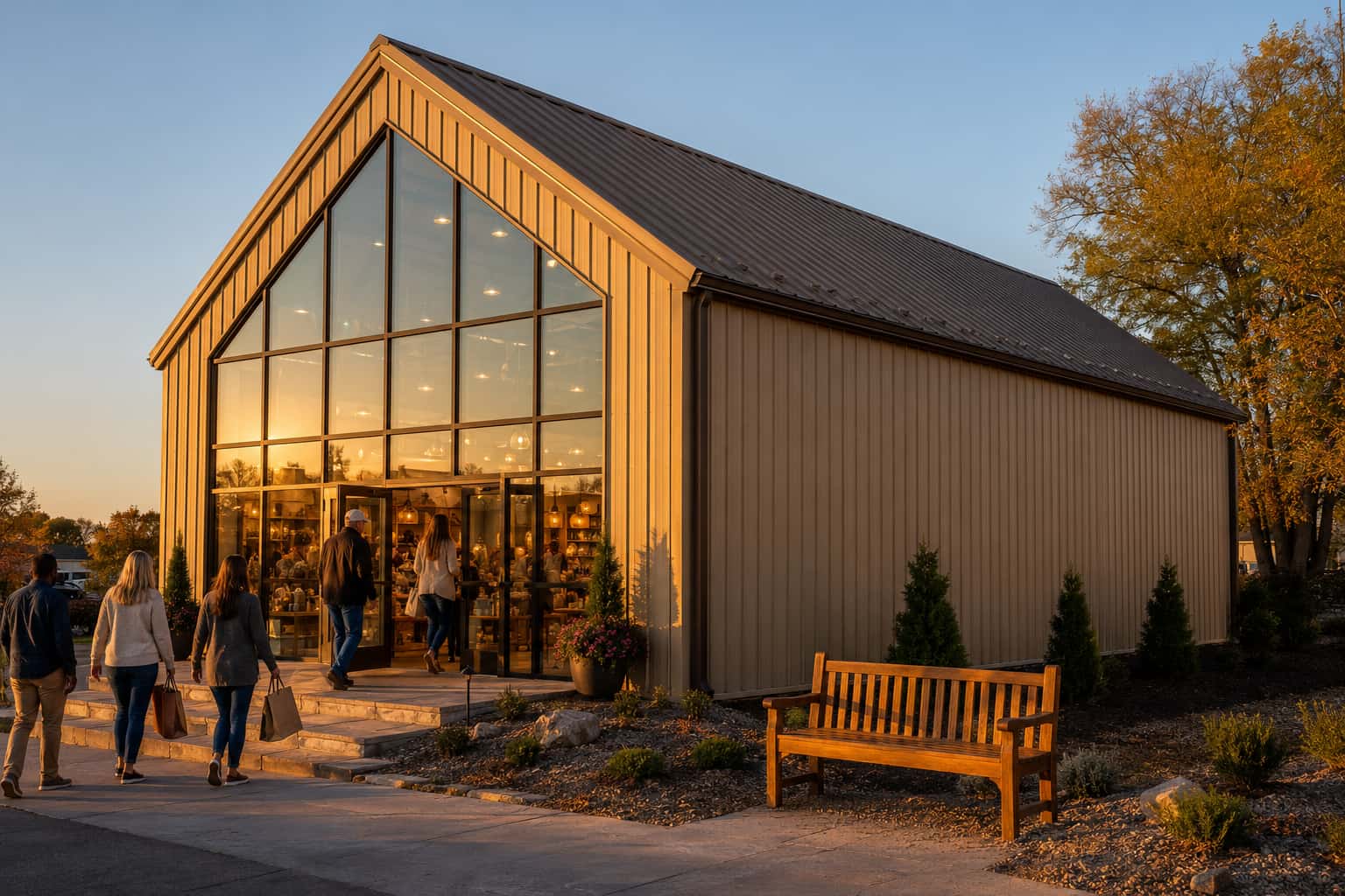 Steel & Stud 50x80 retail showroom — golden-hour customer entry