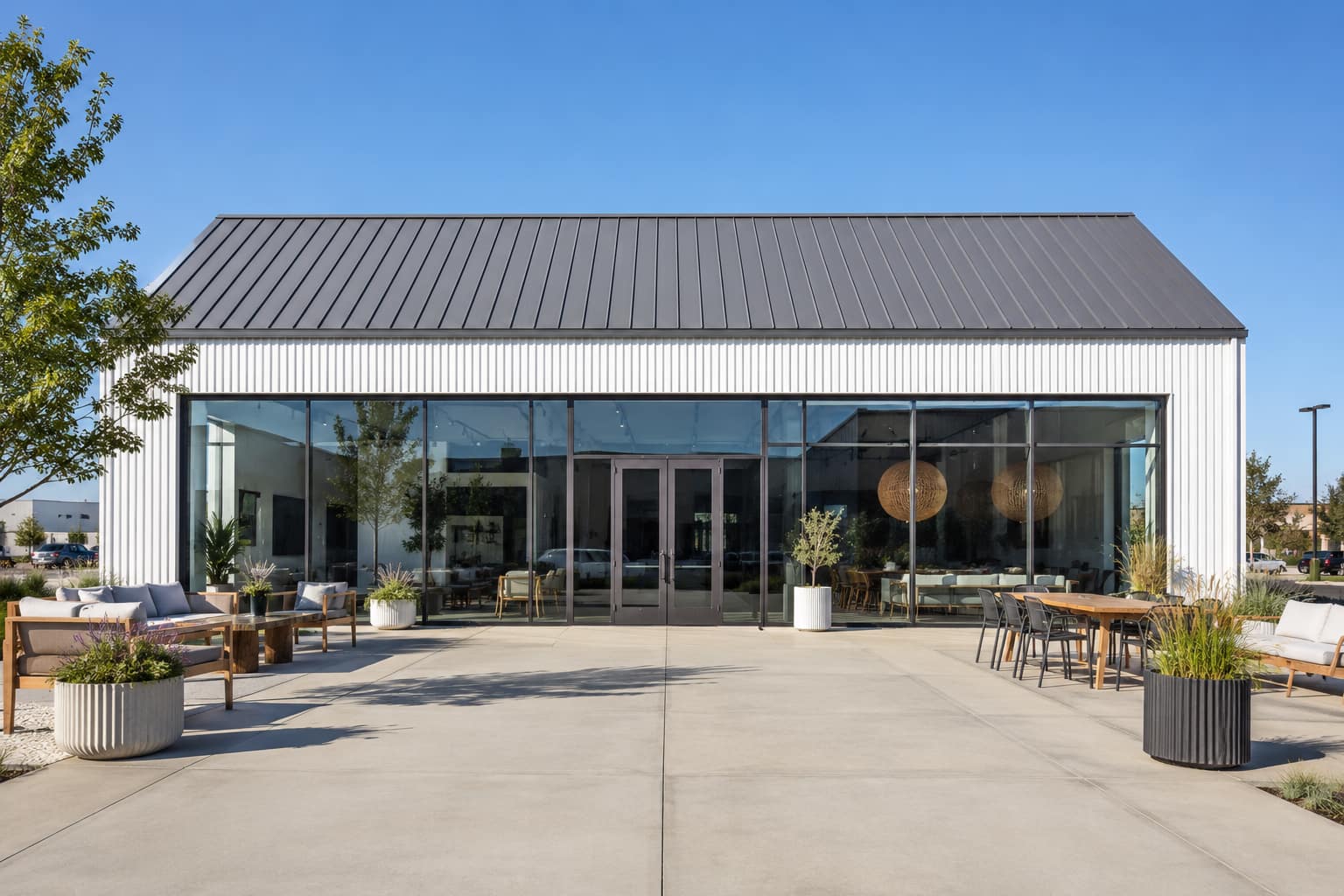 50x80 modern white retail showroom with glass storefront and concrete plaza