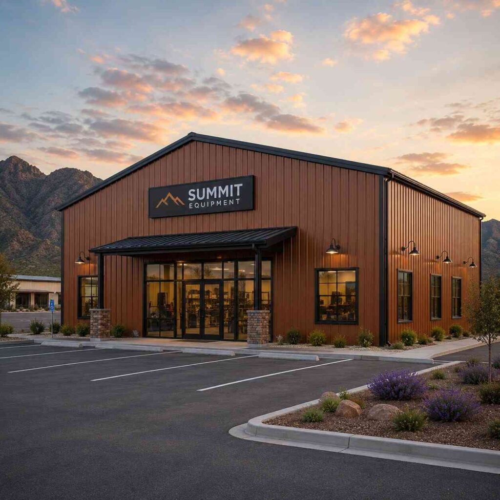 Rust-toned commercial metal building retail storefront with glass entry and desert mountain backdrop
