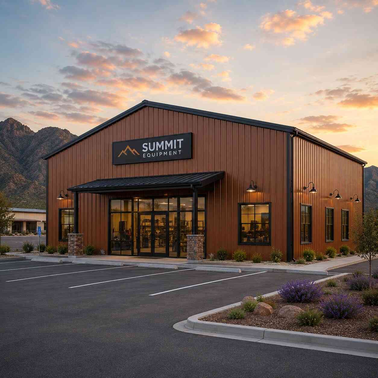 Rust-toned commercial metal building retail storefront with glass entry and desert mountain backdrop
