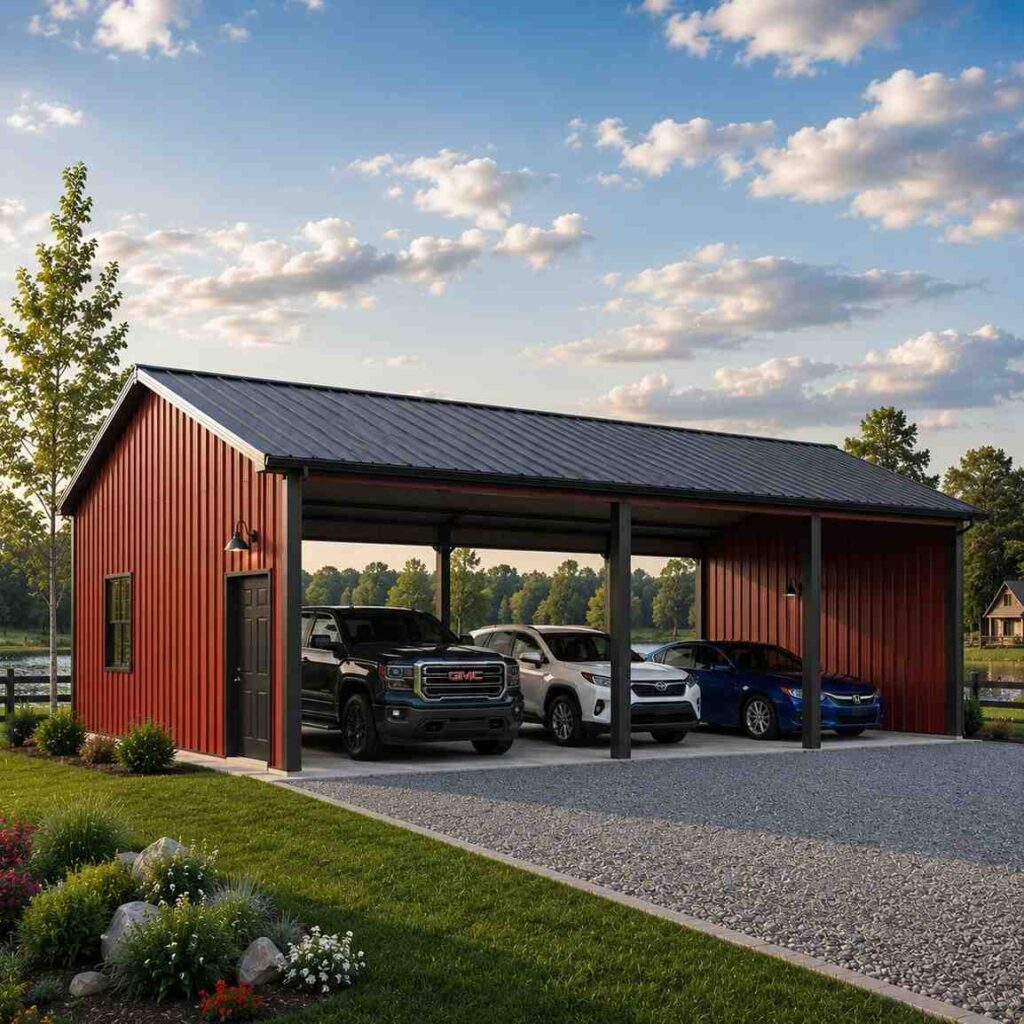 Rust red steel carport with black roof covering a pickup, SUV and sedan near a lake