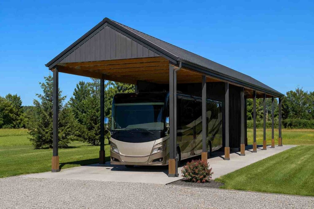 Black RV metal cover with open sides sheltering a Class A motorhome on a concrete pad
