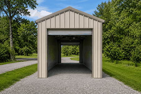 Tan enclosed RV metal cover with roll-up door and drive-through gravel lane