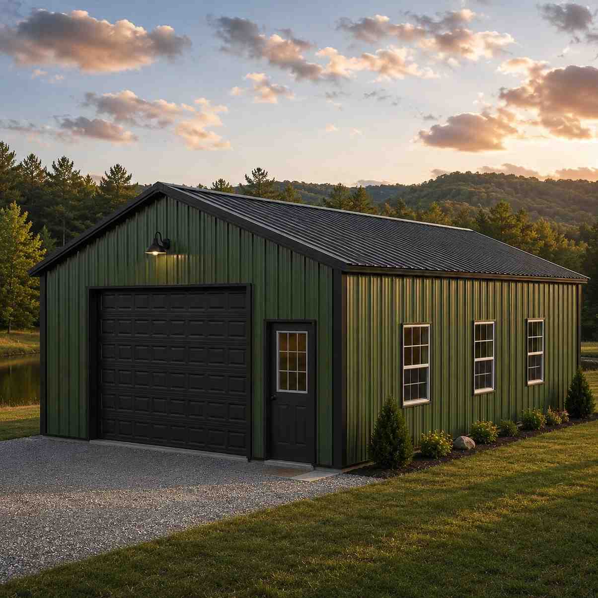 Sage green metal building kit with black garage door and three windows on a hillside lot