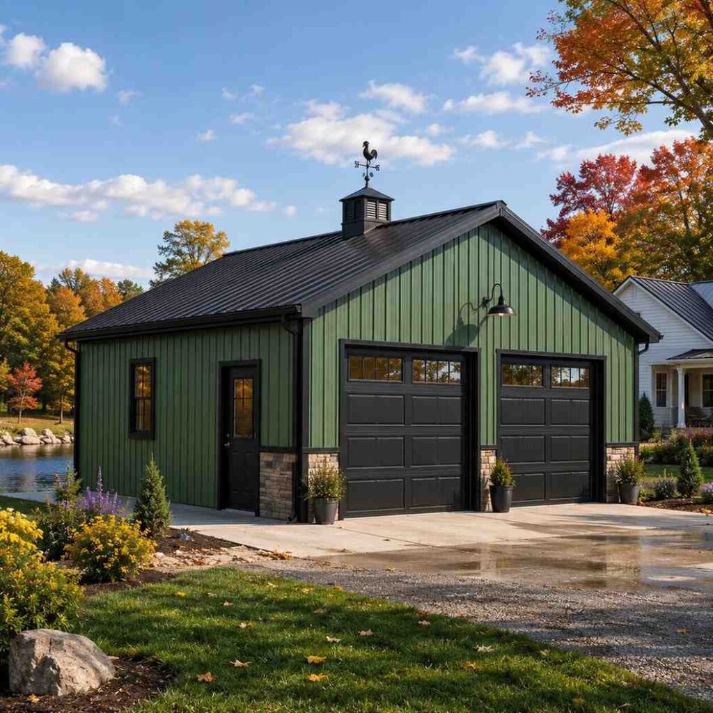 Sage green metal garage with two black sectional doors and rooster weathervane by an autumn lake