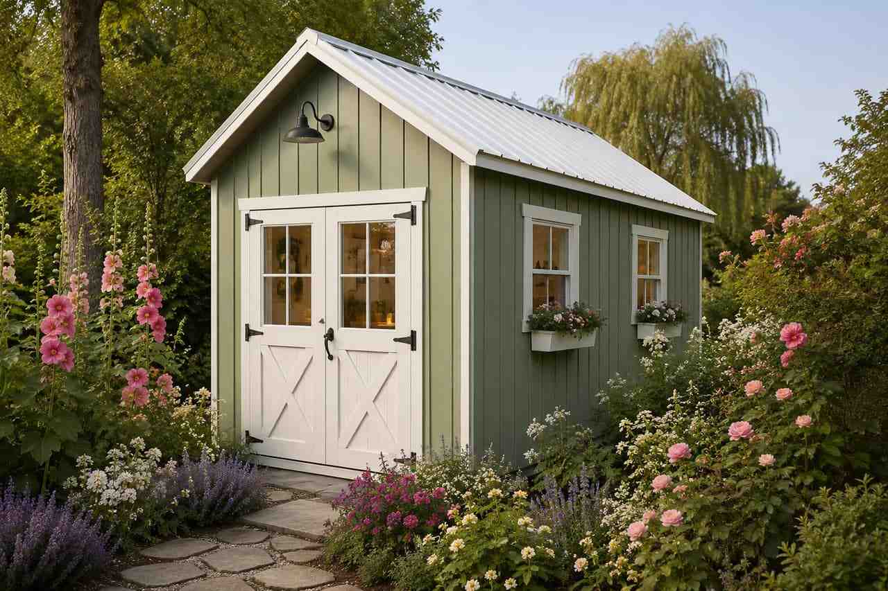 Sage green prefab metal building cottage shed with white doors surrounded by flower gardens