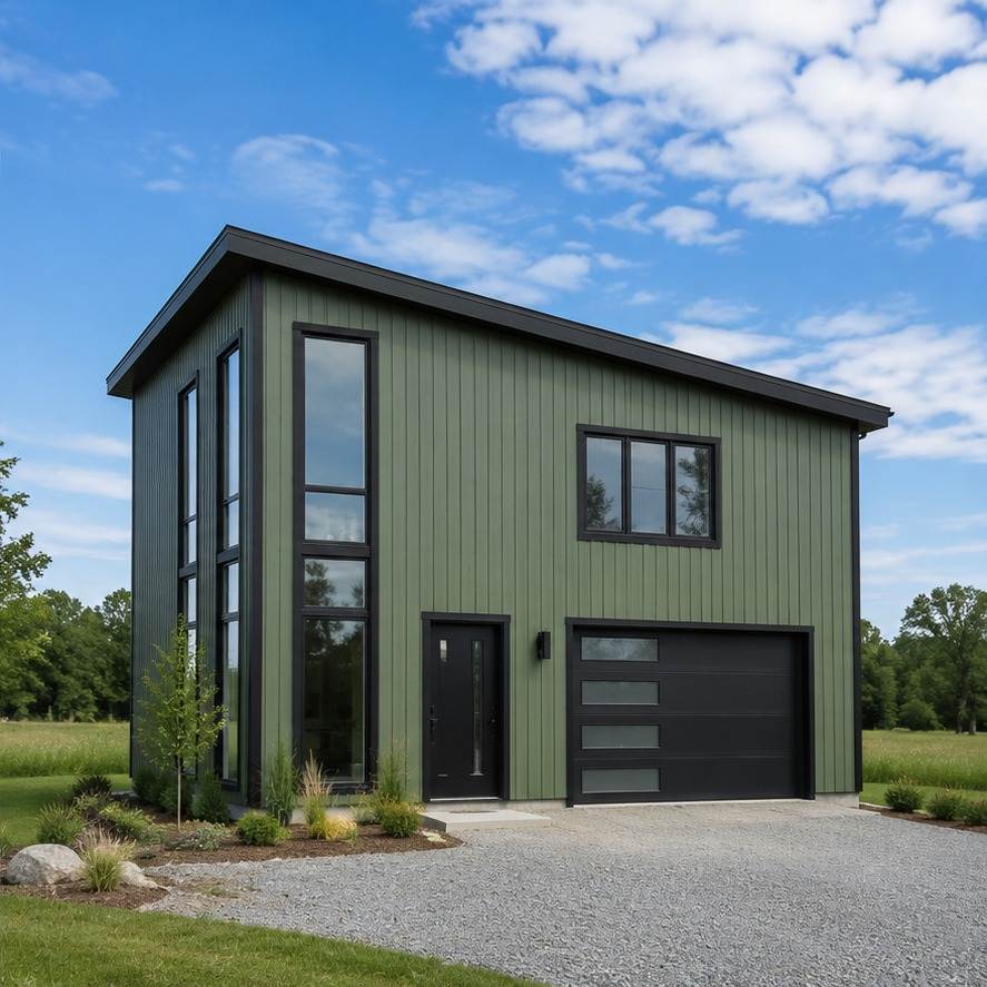Modern sage green steel building garage apartment with shed roof and black glass garage door