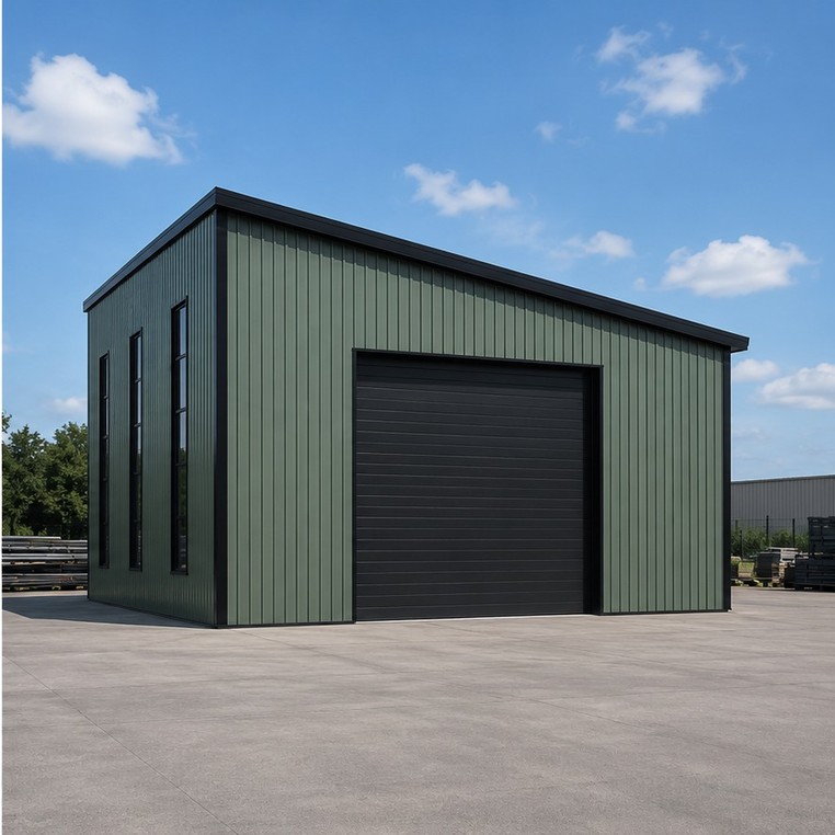 Sage green steel structure with single slope roof and black sectional door in industrial yard