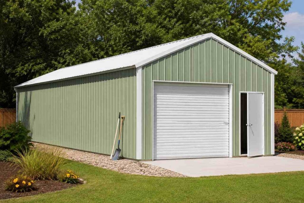 Sage green prefab metal building storage shed with white roll-up door and walk door