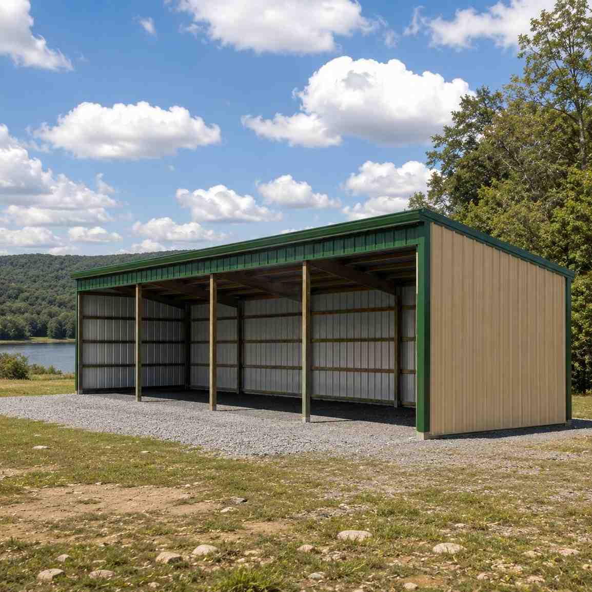 Sand colored steel structure with green trim and open front bays near a lake
