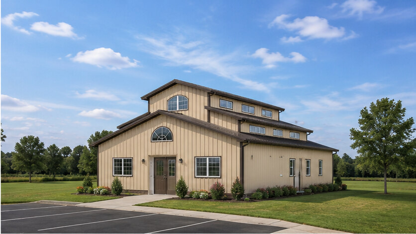 Monitor roof steel structure in sandstone buff with clerestory windows and double door entry