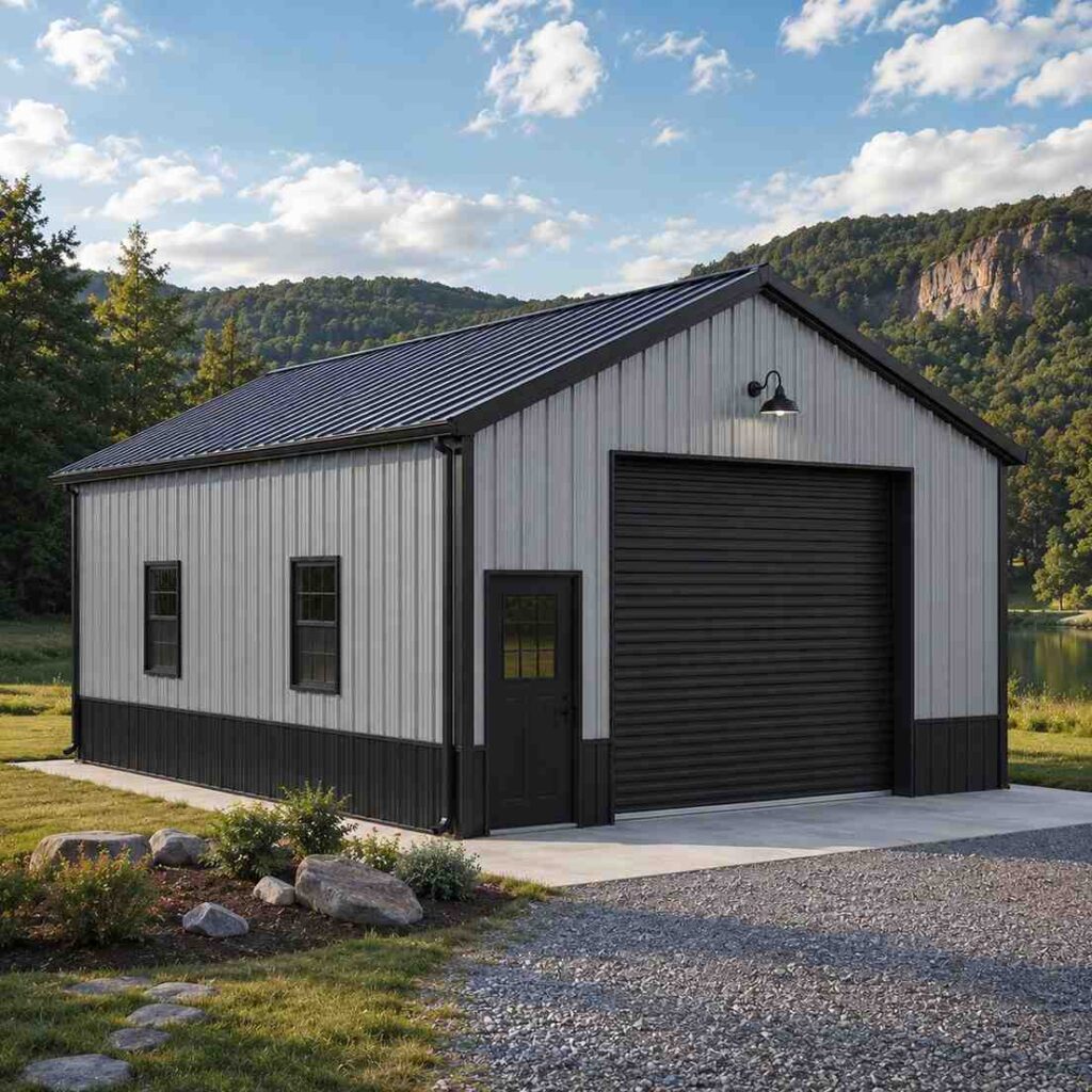 Silver metal workshop with black wainscoting and roll-up door below wooded bluffs